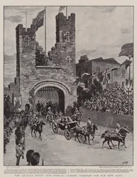 Der Einzug der Königin in Dublin, vorbei am alten Stadttor